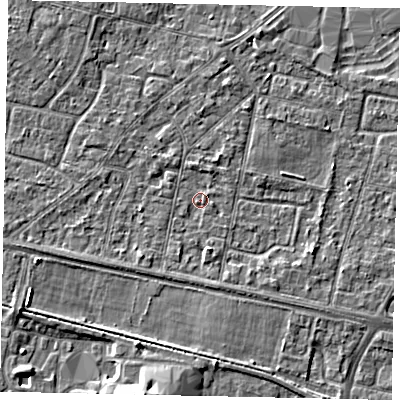 Shaded relief map of the ground around TW151DA, computed from Environment Agency LiDAR. The ground here sits at about 13 m above sea level and falls 6 m across the surrounding 800 m. Surface water reaching this point runs off ground lying to the south-west, 1.4 m higher.