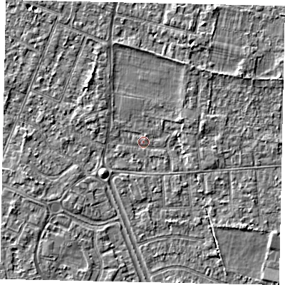 Shaded relief map of the ground around TW151DD, computed from Environment Agency LiDAR. The ground here sits at about 14 m above sea level and falls 3 m across the surrounding 800 m. Surface water reaching this point runs off ground lying to the west-south-west, 2.7 m higher.
