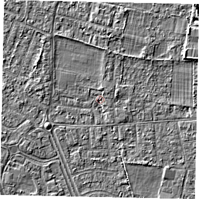 Shaded relief map of the ground around TW151DF, computed from Environment Agency LiDAR. The ground here sits at about 14 m above sea level and falls 4 m across the surrounding 800 m. Surface water reaching this point runs off ground lying to the north-east, 1.6 m higher.