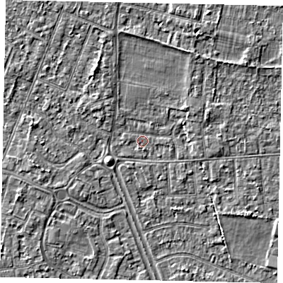 Shaded relief map of the ground around TW151DG, computed from Environment Agency LiDAR. The ground here sits at about 14 m above sea level and falls 3 m across the surrounding 800 m. Surface water reaching this point runs off ground lying to the west-south-west, 2.6 m higher.
