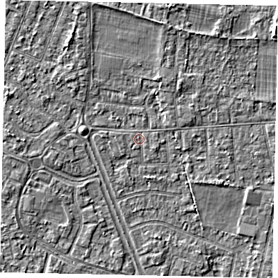 Shaded relief map of the ground around TW151DH, computed from Environment Agency LiDAR. The ground here sits at about 14 m above sea level and falls 4 m across the surrounding 800 m. Surface water reaching this point runs off ground lying to the west, 2.7 m higher.