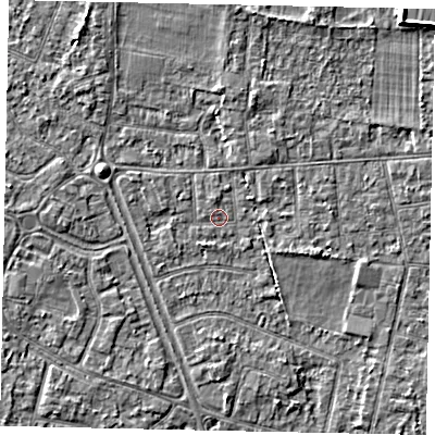 Shaded relief map of the ground around TW151DN, computed from Environment Agency LiDAR. The ground here sits at about 14 m above sea level and falls 4 m across the surrounding 800 m. Surface water reaching this point runs off ground lying to the north-east, 3.6 m higher.