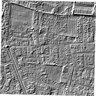 Shaded relief map of the ground around TW151DP, computed from Environment Agency LiDAR. The ground here sits at about 14 m above sea level and falls 4 m across the surrounding 800 m. Surface water reaching this point runs off ground lying to the north-east, 3.2 m higher.