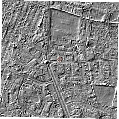 Shaded relief map of the ground around TW151DQ, computed from Environment Agency LiDAR. The ground here sits at about 14 m above sea level and falls 3 m across the surrounding 800 m. Surface water reaching this point runs off ground lying to the west-south-west, 2.1 m higher.