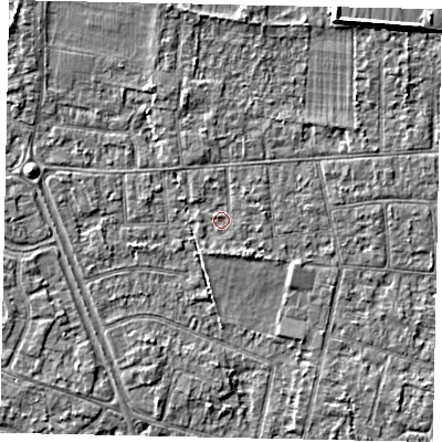 Shaded relief map of the ground around TW151DR, computed from Environment Agency LiDAR. The ground here sits at about 14 m above sea level and falls 4 m across the surrounding 800 m. Surface water reaching this point runs off ground lying to the south, 1.1 m higher.