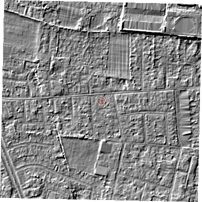 Shaded relief map of the ground around TW151DS, computed from Environment Agency LiDAR. The ground here sits at about 14 m above sea level and falls 4 m across the surrounding 800 m. Surface water reaching this point runs off ground lying to the east, 0.9 m higher.