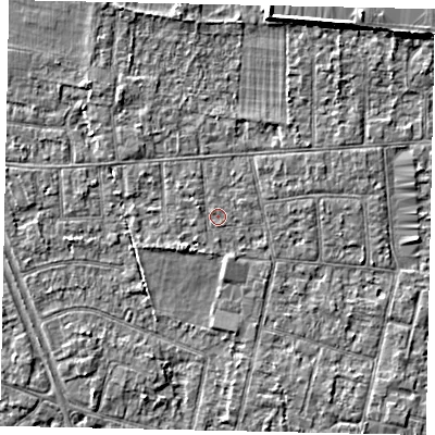 Shaded relief map of the ground around TW151DT, computed from Environment Agency LiDAR. The ground here sits at about 14 m above sea level and falls 4 m across the surrounding 800 m. Surface water reaching this point runs off ground lying to the south-west, 1.8 m higher.