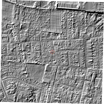 Shaded relief map of the ground around TW151DU, computed from Environment Agency LiDAR. The ground here sits at about 14 m above sea level and falls 4 m across the surrounding 800 m. Surface water reaching this point runs off ground lying to the east-north-east, 0.8 m higher.