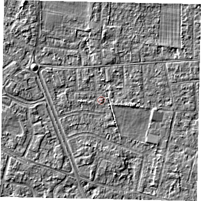Shaded relief map of the ground around TW151DW, computed from Environment Agency LiDAR. The ground here sits at about 14 m above sea level and falls 3 m across the surrounding 800 m. Surface water reaching this point runs off ground lying to the west-north-west, 2.7 m higher.