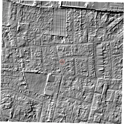 Shaded relief map of the ground around TW151DX, computed from Environment Agency LiDAR. The ground here sits at about 14 m above sea level and falls 4 m across the surrounding 800 m. Surface water reaching this point runs off ground lying to the north-east, 0.8 m higher.