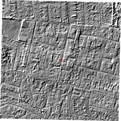 Shaded relief map of the ground around TW151EF, computed from Environment Agency LiDAR. The ground here sits at about 14 m above sea level and falls 3 m across the surrounding 800 m. Surface water reaching this point runs off ground lying to the west-north-west, 1.0 m higher.
