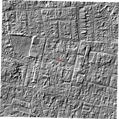Shaded relief map of the ground around TW151EG, computed from Environment Agency LiDAR. The ground here sits at about 14 m above sea level and falls 2 m across the surrounding 800 m. Surface water reaching this point runs off ground lying to the south, 1.2 m higher.