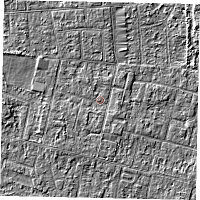 Shaded relief map of the ground around TW151EH, computed from Environment Agency LiDAR. The ground here sits at about 14 m above sea level and falls 3 m across the surrounding 800 m. Surface water reaching this point runs off ground lying to the south-south-west, 1.2 m higher.