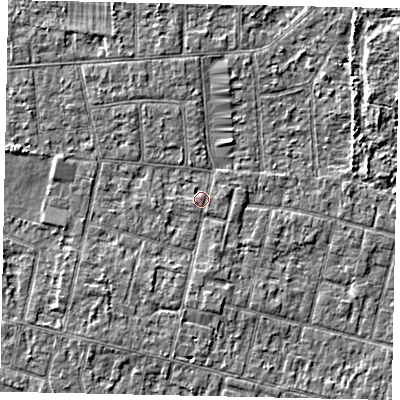 Shaded relief map of the ground around TW151EJ, computed from Environment Agency LiDAR. The ground here sits at about 14 m above sea level and falls 3 m across the surrounding 800 m. Surface water reaching this point runs off ground lying to the east, 0.6 m higher.