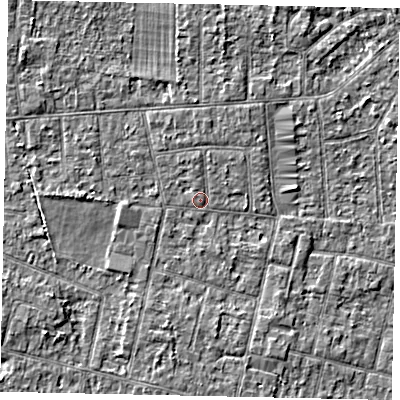 Shaded relief map of the ground around TW151EN, computed from Environment Agency LiDAR. The ground here sits at about 14 m above sea level and falls 2 m across the surrounding 800 m. Surface water reaching this point runs off ground lying to the west, 1.8 m higher.
