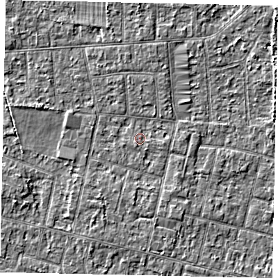 Shaded relief map of the ground around TW151ET, computed from Environment Agency LiDAR. The ground here sits at about 14 m above sea level and falls 3 m across the surrounding 800 m. Surface water reaching this point runs off ground lying to the south-south-west, 0.9 m higher.