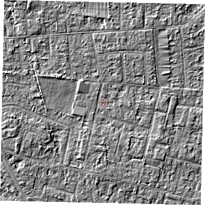 Shaded relief map of the ground around TW151EU, computed from Environment Agency LiDAR. The ground here sits at about 13 m above sea level and falls 2 m across the surrounding 800 m. Surface water reaching this point runs off ground lying to the west-north-west, 1.8 m higher.