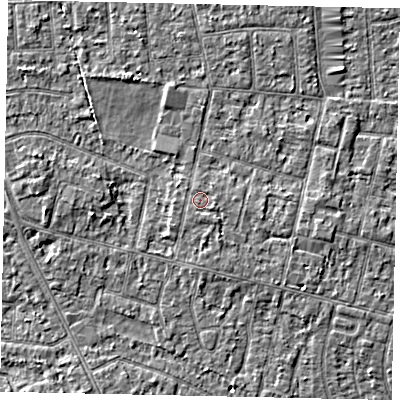 Shaded relief map of the ground around TW151EY, computed from Environment Agency LiDAR. The ground here sits at about 14 m above sea level and falls 3 m across the surrounding 800 m. The ground contributing surface water to this point lies to the east-south-east.
