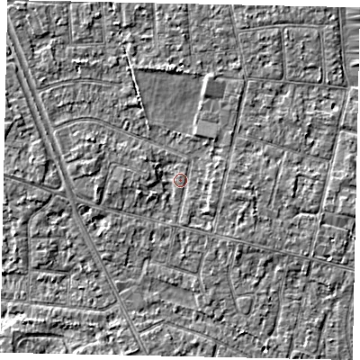 Shaded relief map of the ground around TW151HD, computed from Environment Agency LiDAR. The ground here sits at about 13 m above sea level and falls 3 m across the surrounding 800 m. Surface water reaching this point runs off ground lying to the west, 2.1 m higher.