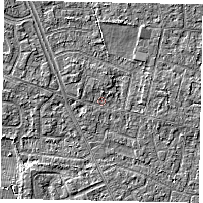 Shaded relief map of the ground around TW151HE, computed from Environment Agency LiDAR. The ground here sits at about 13 m above sea level and falls 3 m across the surrounding 800 m. Surface water reaching this point runs off ground lying to the west-north-west, 1.8 m higher.