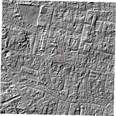 Shaded relief map of the ground around TW151HJ, computed from Environment Agency LiDAR. The ground here sits at about 14 m above sea level and falls 3 m across the surrounding 800 m. The ground contributing surface water to this point lies to the east.