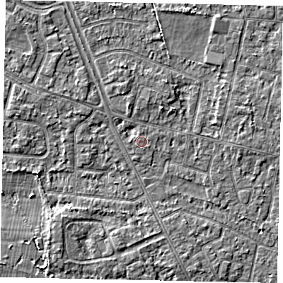 Shaded relief map of the ground around TW151HL, computed from Environment Agency LiDAR. The ground here sits at about 14 m above sea level and falls 3 m across the surrounding 800 m. The ground contributing surface water to this point lies to the south-west.