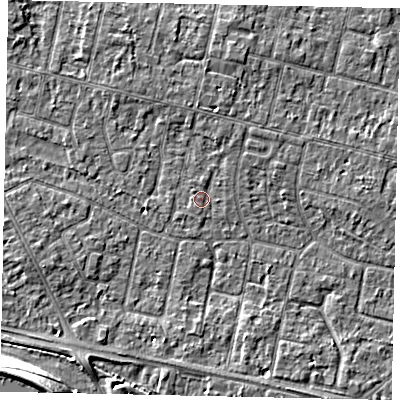 Shaded relief map of the ground around TW151JD, computed from Environment Agency LiDAR. The ground here sits at about 13 m above sea level and falls 12 m across the surrounding 800 m. Surface water reaching this point runs off ground lying to the north-north-east, 1.1 m higher.