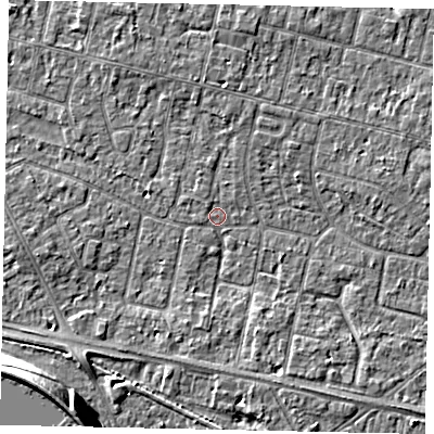 Shaded relief map of the ground around TW151JE, computed from Environment Agency LiDAR. The ground here sits at about 13 m above sea level and falls 13 m across the surrounding 800 m. Surface water reaching this point runs off ground lying to the west-south-west, 2.8 m higher.