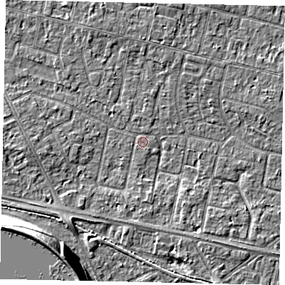 Shaded relief map of the ground around TW151JF, computed from Environment Agency LiDAR. The ground here sits at about 13 m above sea level and falls 13 m across the surrounding 800 m. Surface water reaching this point runs off ground lying to the south-west, 2.9 m higher.