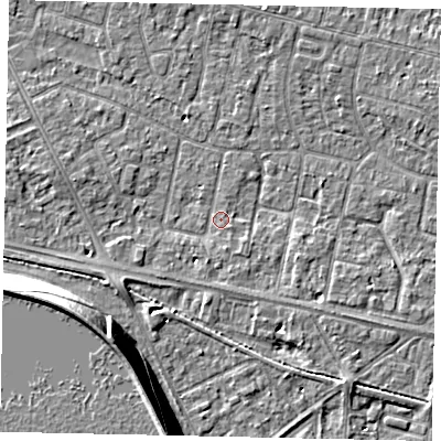 Shaded relief map of the ground around TW151JG, computed from Environment Agency LiDAR. The ground here sits at about 13 m above sea level and falls 13 m across the surrounding 800 m. Surface water reaching this point runs off ground lying to the south, 1.1 m higher.