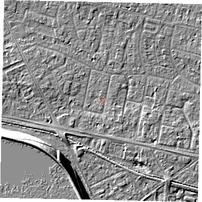 Shaded relief map of the ground around TW151JH, computed from Environment Agency LiDAR. The ground here sits at about 13 m above sea level and falls 13 m across the surrounding 800 m. Surface water reaching this point runs off ground lying to the south-south-east, 1.1 m higher.