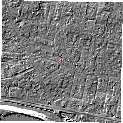 Shaded relief map of the ground around TW151JJ, computed from Environment Agency LiDAR. The ground here sits at about 13 m above sea level and falls 13 m across the surrounding 800 m. Surface water reaching this point runs off ground lying to the west-south-west, 1.8 m higher.