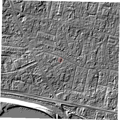 Shaded relief map of the ground around TW151JL, computed from Environment Agency LiDAR. The ground here sits at about 14 m above sea level and falls 13 m across the surrounding 800 m. Surface water reaching this point runs off ground lying to the south-west, 1.4 m higher.