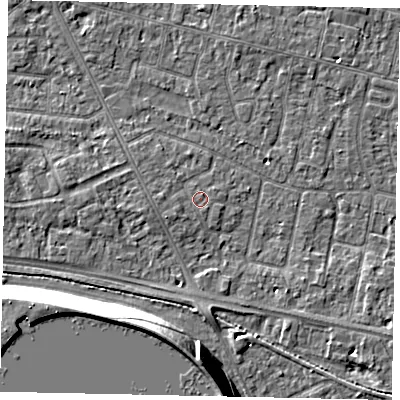 Shaded relief map of the ground around TW151JN, computed from Environment Agency LiDAR. The ground here sits at about 14 m above sea level and falls 13 m across the surrounding 800 m. Surface water reaching this point runs off ground lying to the west-south-west, 0.7 m higher.