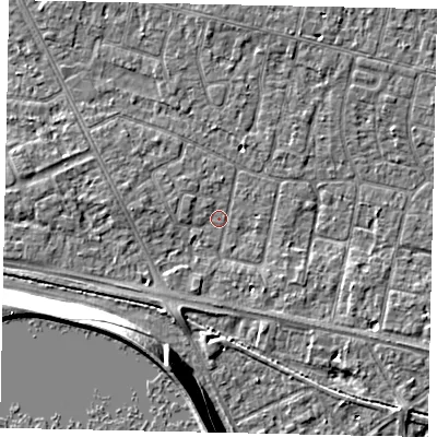 Shaded relief map of the ground around TW151JQ, computed from Environment Agency LiDAR. The ground here sits at about 13 m above sea level and falls 13 m across the surrounding 800 m. Surface water reaching this point runs off ground lying to the south-south-west, 2.8 m higher.