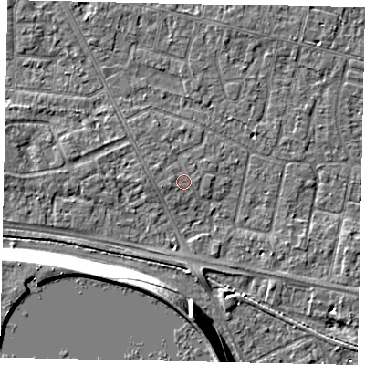 Shaded relief map of the ground around TW151JR, computed from Environment Agency LiDAR. The ground here sits at about 14 m above sea level and falls 13 m across the surrounding 800 m. Surface water reaching this point runs off ground lying to the west-south-west, 0.7 m higher.