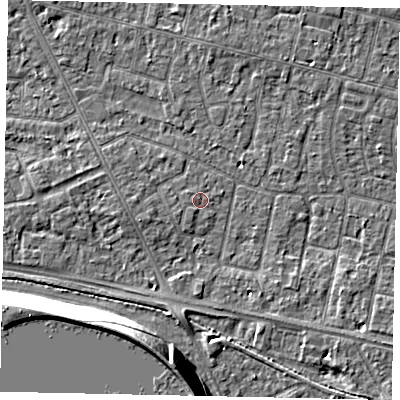 Shaded relief map of the ground around TW151JW, computed from Environment Agency LiDAR. The ground here sits at about 13 m above sea level and falls 13 m across the surrounding 800 m. Surface water reaching this point runs off ground lying to the south-south-west, 0.7 m higher.