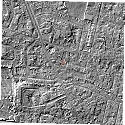 Shaded relief map of the ground around TW151LE, computed from Environment Agency LiDAR. The ground here sits at about 13 m above sea level and falls 3 m across the surrounding 800 m. Surface water reaching this point runs off ground lying to the south-west, 2.4 m higher.