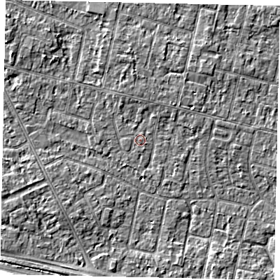 Shaded relief map of the ground around TW151LG, computed from Environment Agency LiDAR. The ground here sits at about 13 m above sea level and falls 5 m across the surrounding 800 m. Surface water reaching this point runs off ground lying to the north-east, 1.5 m higher.