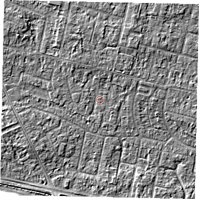 Shaded relief map of the ground around TW151LH, computed from Environment Agency LiDAR. The ground here sits at about 13 m above sea level and falls 8 m across the surrounding 800 m. Surface water reaching this point runs off ground lying to the north-north-east, 1.5 m higher.