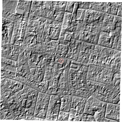 Shaded relief map of the ground around TW151LJ, computed from Environment Agency LiDAR. The ground here sits at about 14 m above sea level and falls 3 m across the surrounding 800 m. The ground contributing surface water to this point lies to the north-west.