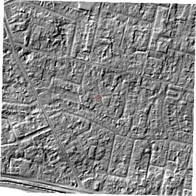 Shaded relief map of the ground around TW151LQ, computed from Environment Agency LiDAR. The ground here sits at about 13 m above sea level and falls 10 m across the surrounding 800 m. Surface water reaching this point runs off ground lying to the north-north-east, 1.3 m higher.