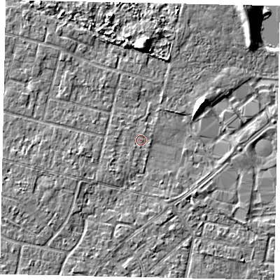 Shaded relief map of the ground around TW151LR, computed from Environment Agency LiDAR. The ground here sits at about 13 m above sea level and falls 7 m across the surrounding 800 m. Surface water reaching this point runs off ground lying to the south-west, 1.0 m higher.