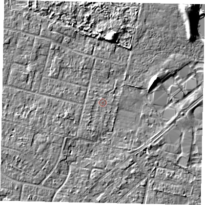Shaded relief map of the ground around TW151LS, computed from Environment Agency LiDAR. The ground here sits at about 13 m above sea level and falls 7 m across the surrounding 800 m. Surface water reaching this point runs off ground lying to the south-south-west, 1.0 m higher.
