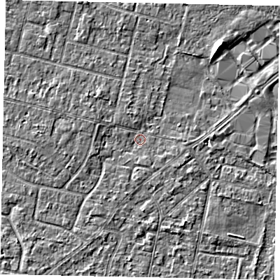 Shaded relief map of the ground around TW151LW, computed from Environment Agency LiDAR. The ground here sits at about 13 m above sea level and falls 5 m across the surrounding 800 m. Surface water reaching this point runs off ground lying to the east-south-east, 1.4 m higher.