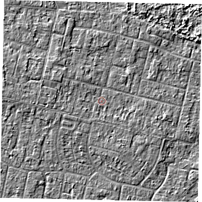 Shaded relief map of the ground around TW151NH, computed from Environment Agency LiDAR. The ground here sits at about 13 m above sea level and falls 3 m across the surrounding 800 m. Surface water reaching this point runs off ground lying to the west-north-west, 1.5 m higher.