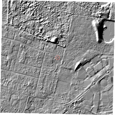 Shaded relief map of the ground around TW151PD, computed from Environment Agency LiDAR. The ground here sits at about 13 m above sea level and falls 7 m across the surrounding 800 m. The ground contributing surface water to this point lies to the west.