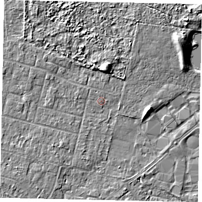 Shaded relief map of the ground around TW151PF, computed from Environment Agency LiDAR. The ground here sits at about 13 m above sea level and falls 7 m across the surrounding 800 m. Surface water reaching this point runs off ground lying to the north, 5.6 m higher.