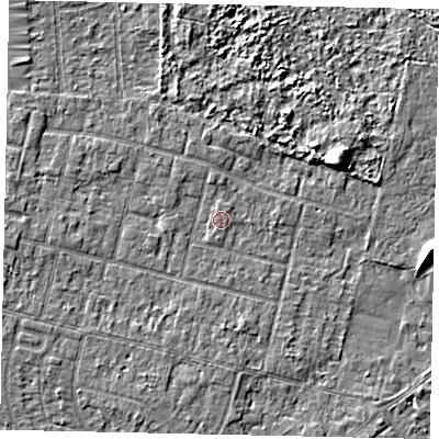 Shaded relief map of the ground around TW151PH, computed from Environment Agency LiDAR. The ground here sits at about 13 m above sea level and falls 6 m across the surrounding 800 m. Surface water reaching this point runs off ground lying to the north-east, 0.6 m higher.