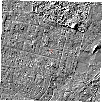 Shaded relief map of the ground around TW151PQ, computed from Environment Agency LiDAR. The ground here sits at about 13 m above sea level and falls 6 m across the surrounding 800 m. Surface water reaching this point runs off ground lying to the north-north-west, 0.9 m higher.